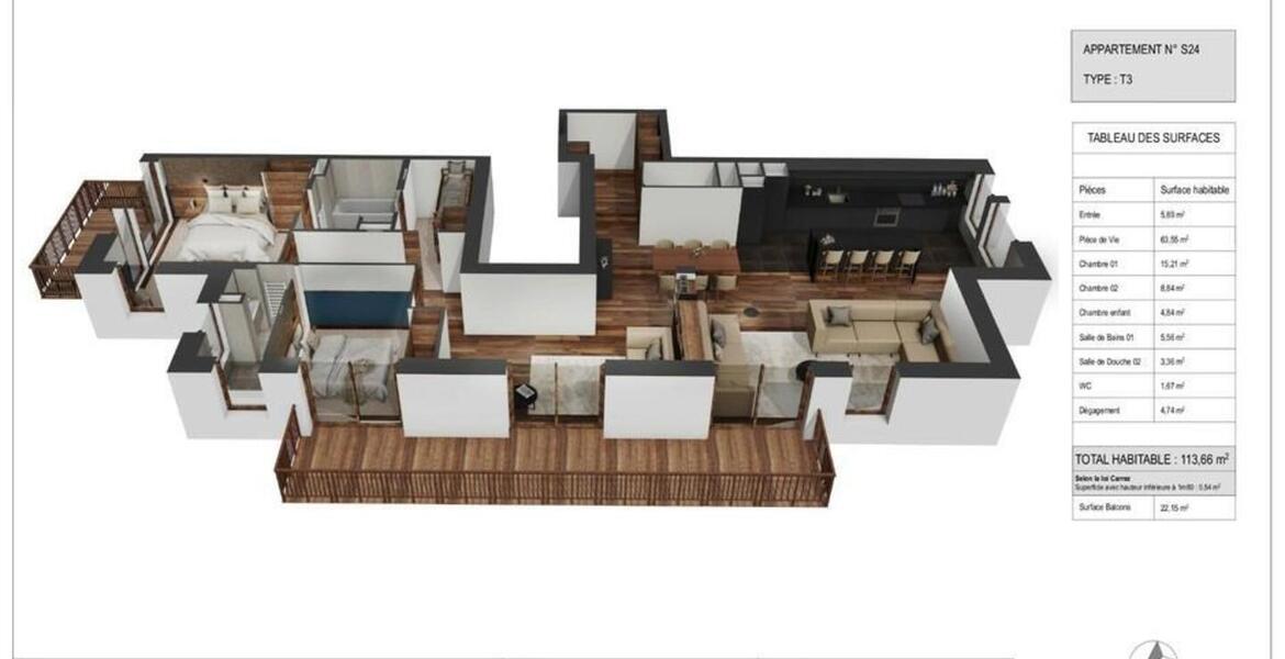 Apartamento de 2 dormitorios en alquiler en Courchevel 1550 